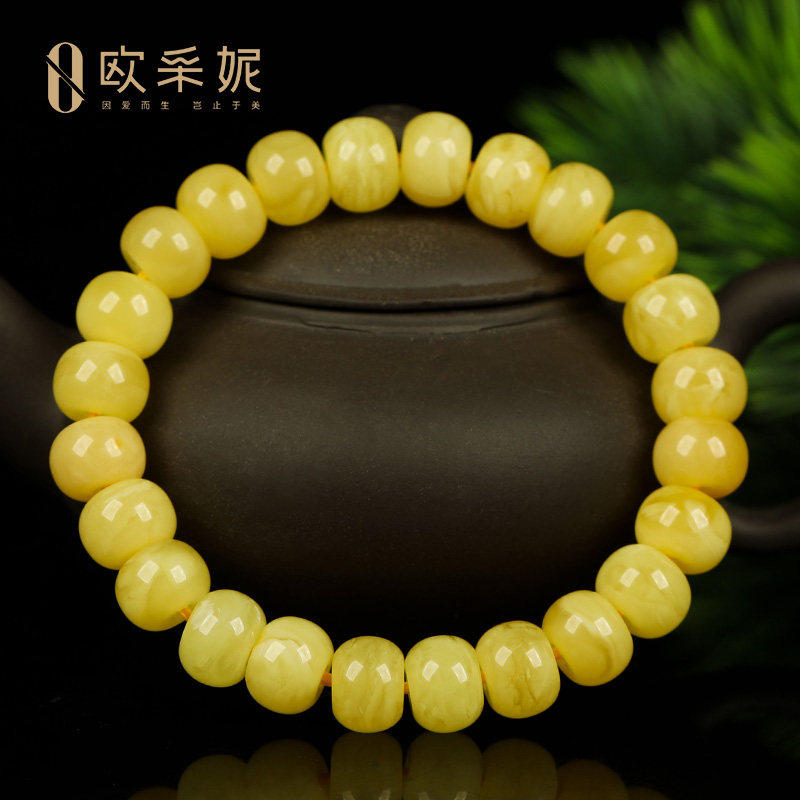 蜜蜡手串【一物一证一图孤品】天然琥珀老形桶珠无优化鸡油黄手链