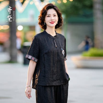 香云纱真丝新款上衣女2026夏季国风中老年妈妈短袖衣服透气T恤衫