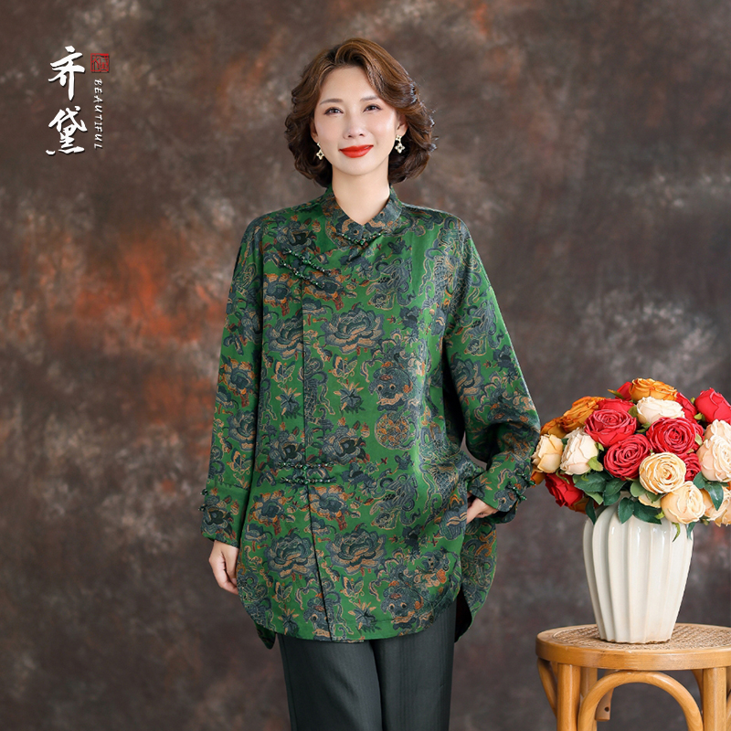 中国风花罗香云纱新中式上衣交领2025秋新款妈妈宽松大码复古衬衫