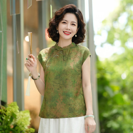 新中式香云纱上衣扎染立领盘扣无袖高级感中年妈妈装洋气减龄小衫