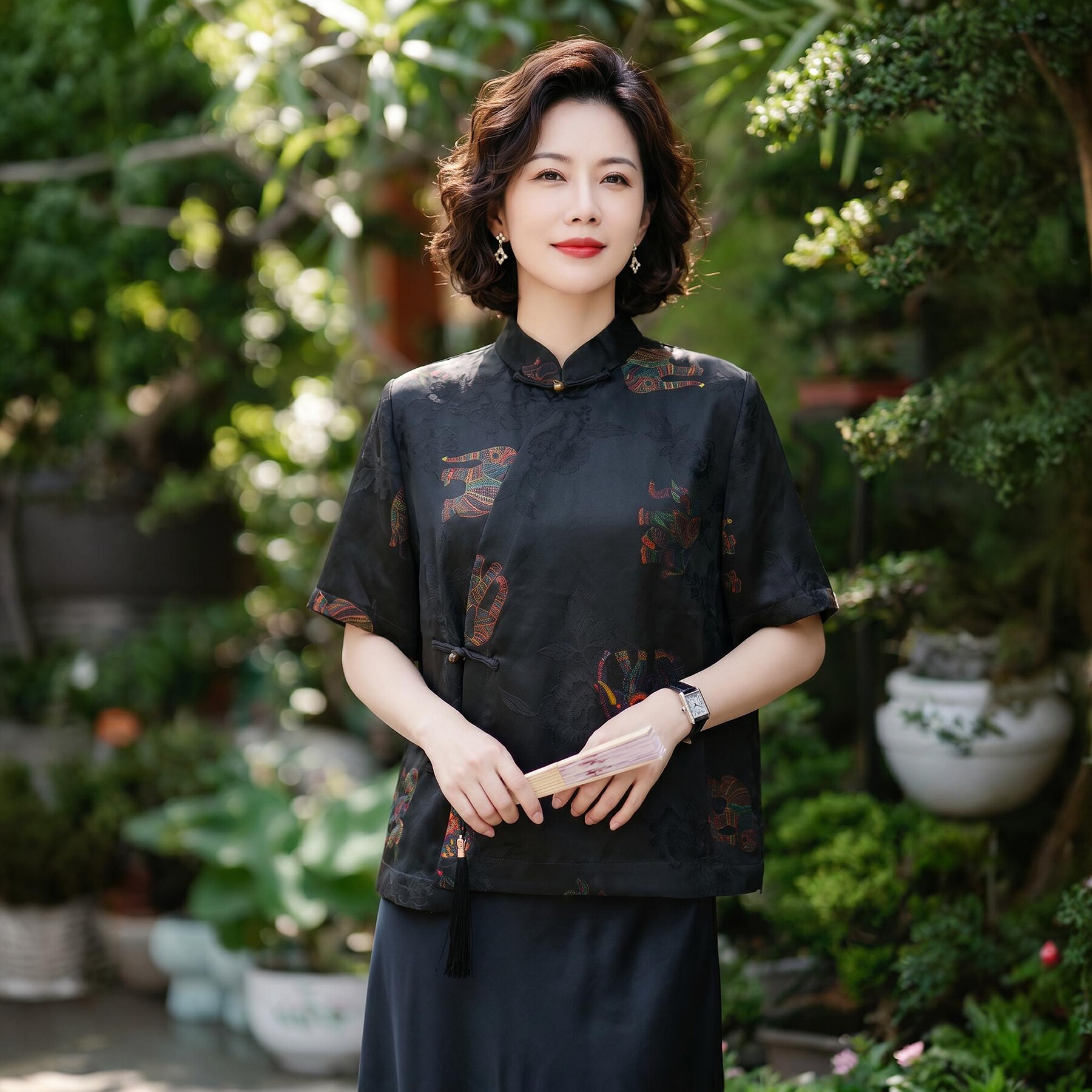 新中式花罗香云纱上衣女装秋季新款宽松透气中年妈妈纯桑蚕丝衬衫