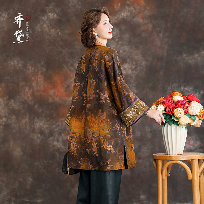 品牌香云纱国风上衣女2025秋新款中袖宽松大码胖妈妈真丝衬衫