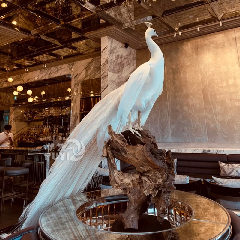【精品】仿真白孔雀动物摆件家居装饰鸟类标本模型真羽毛摄影道具