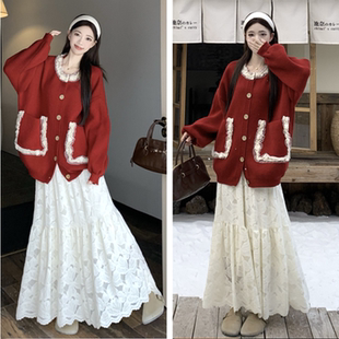 大码红色毛衣套装女秋冬胖MM慵懒风针织上衣显瘦蕾丝半身裙两件套