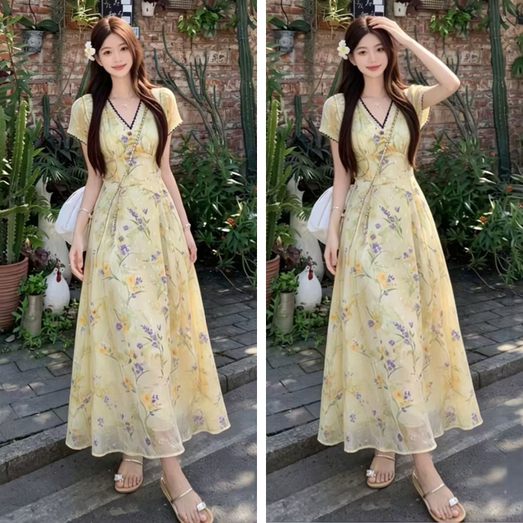 大码甜美气质碎花V领短袖连衣裙女夏季微胖mm收腰显瘦漂亮长裙子