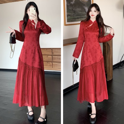 国风红色提花旗袍裙绝美流苏长裙