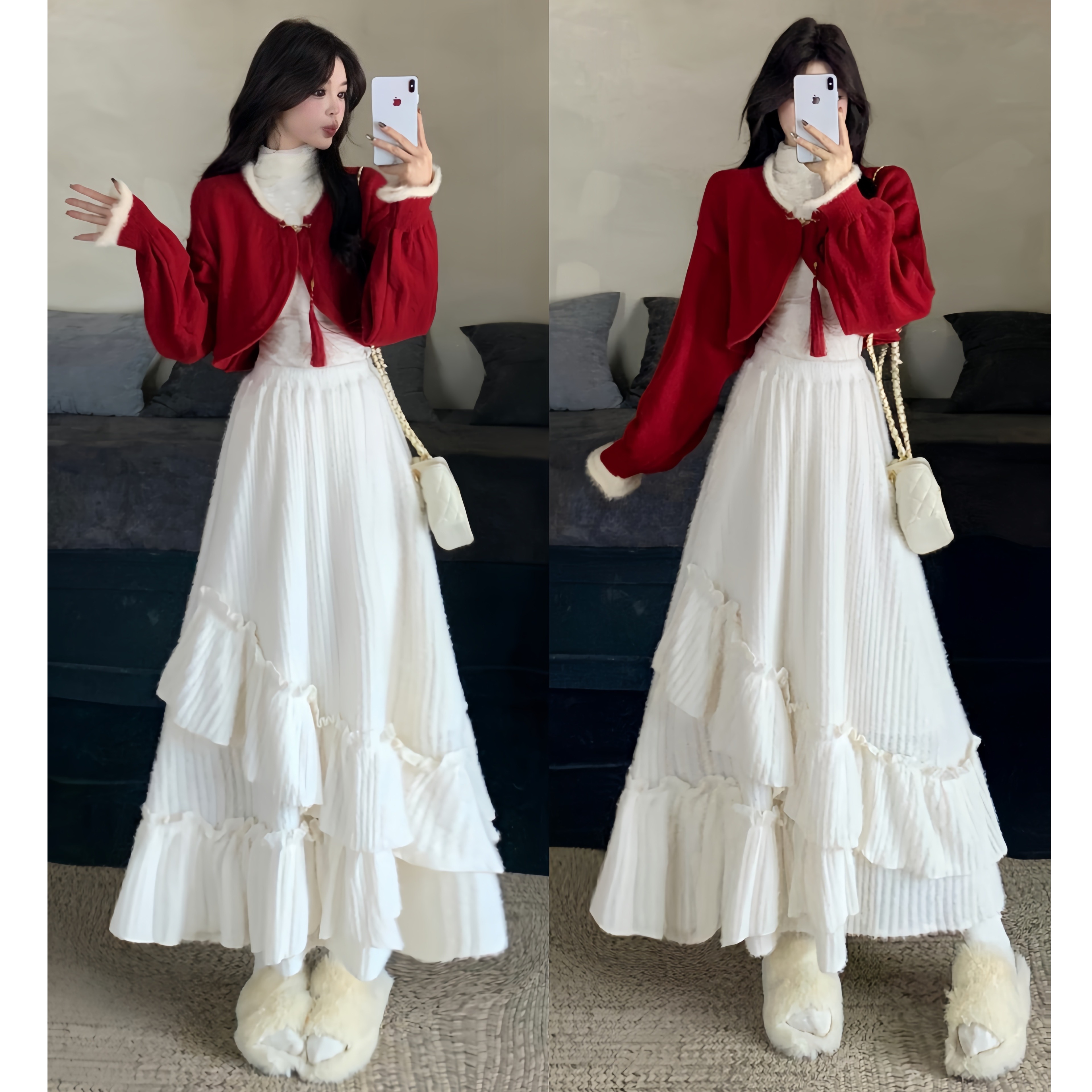 圣诞过年穿红色外套+半裙两件套