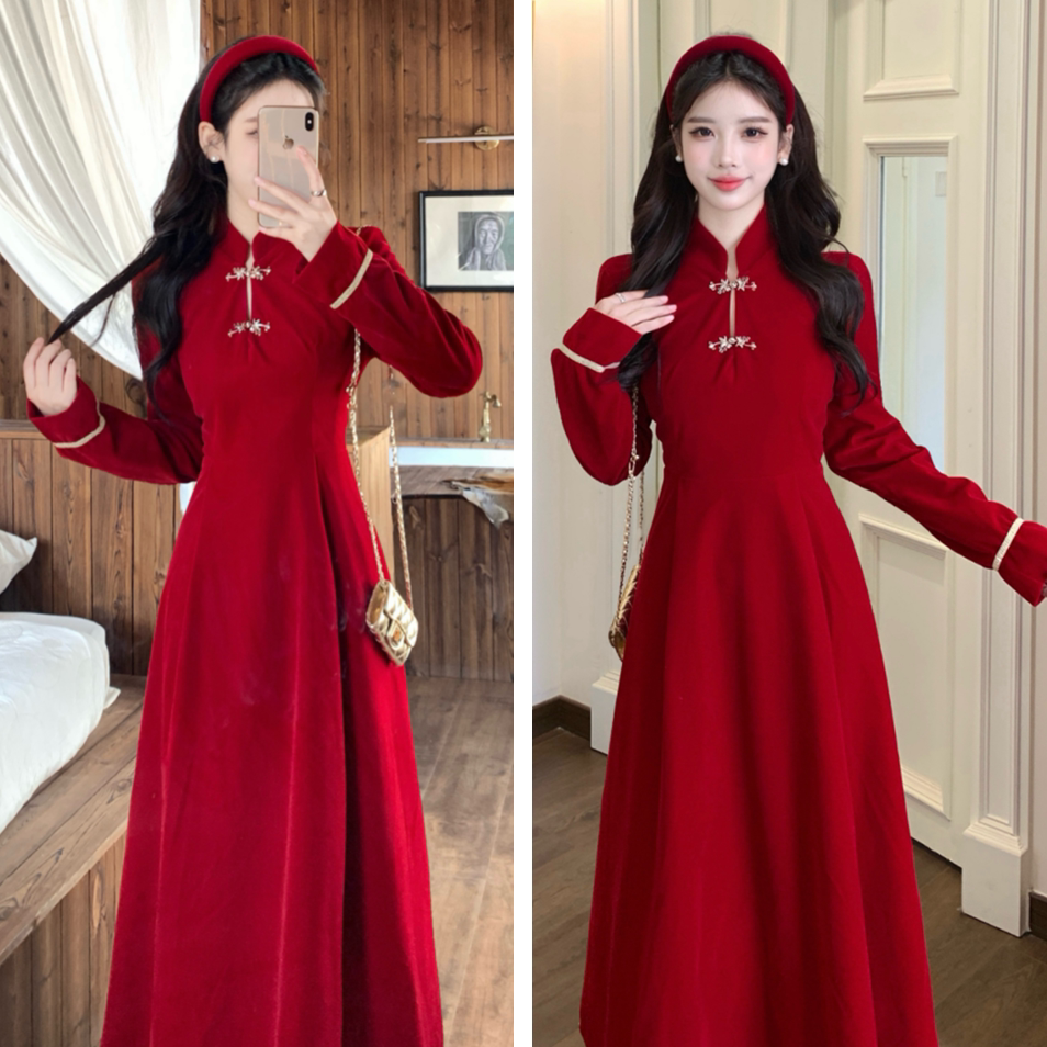大码新中式红色旗袍礼服连衣裙女秋冬胖MM收腰显瘦回门敬酒服长裙