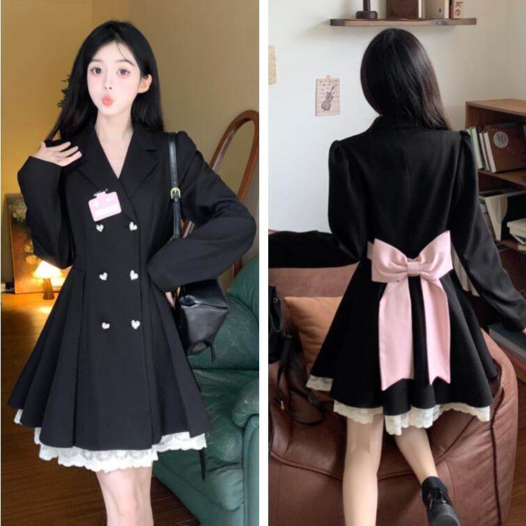 大码甜酷学院风蝴蝶结连衣裙女秋季胖mm收腰显瘦蕾丝拼接西装短裙