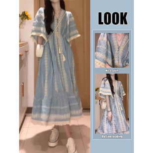 胖MM遮肚显瘦v领刺绣长裙子 氛围感波西米亚连衣裙女夏季 大码 女装