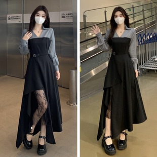 大码设计感黑色开叉长袖连衣裙女春秋胖mm气质收腰蕾丝拼接长裙子