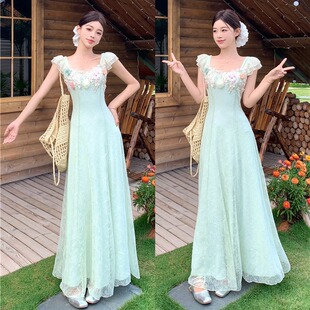 大码法式蕾丝花朵短袖连衣裙女夏季胖mm气质显瘦收腰绝美长裙子