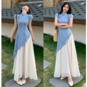 大码 胖mm温柔收腰旗袍长裙子 连衣裙女夏季 新中式 提花假两件短袖