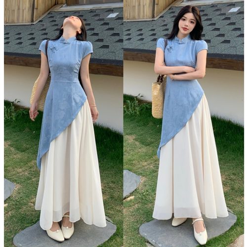 提花改良旗袍拼接收腰显瘦连衣裙