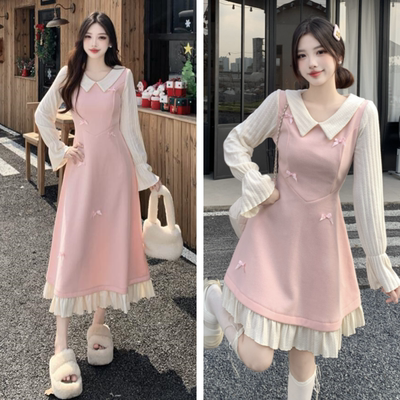 毛呢蝴蝶结娃娃领长袖A字连衣裙