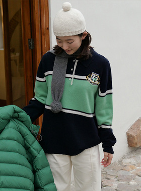 Acme Ground 英伦风拼色条纹绣花质感羊毛毛衣冬宽松落肩长袖上