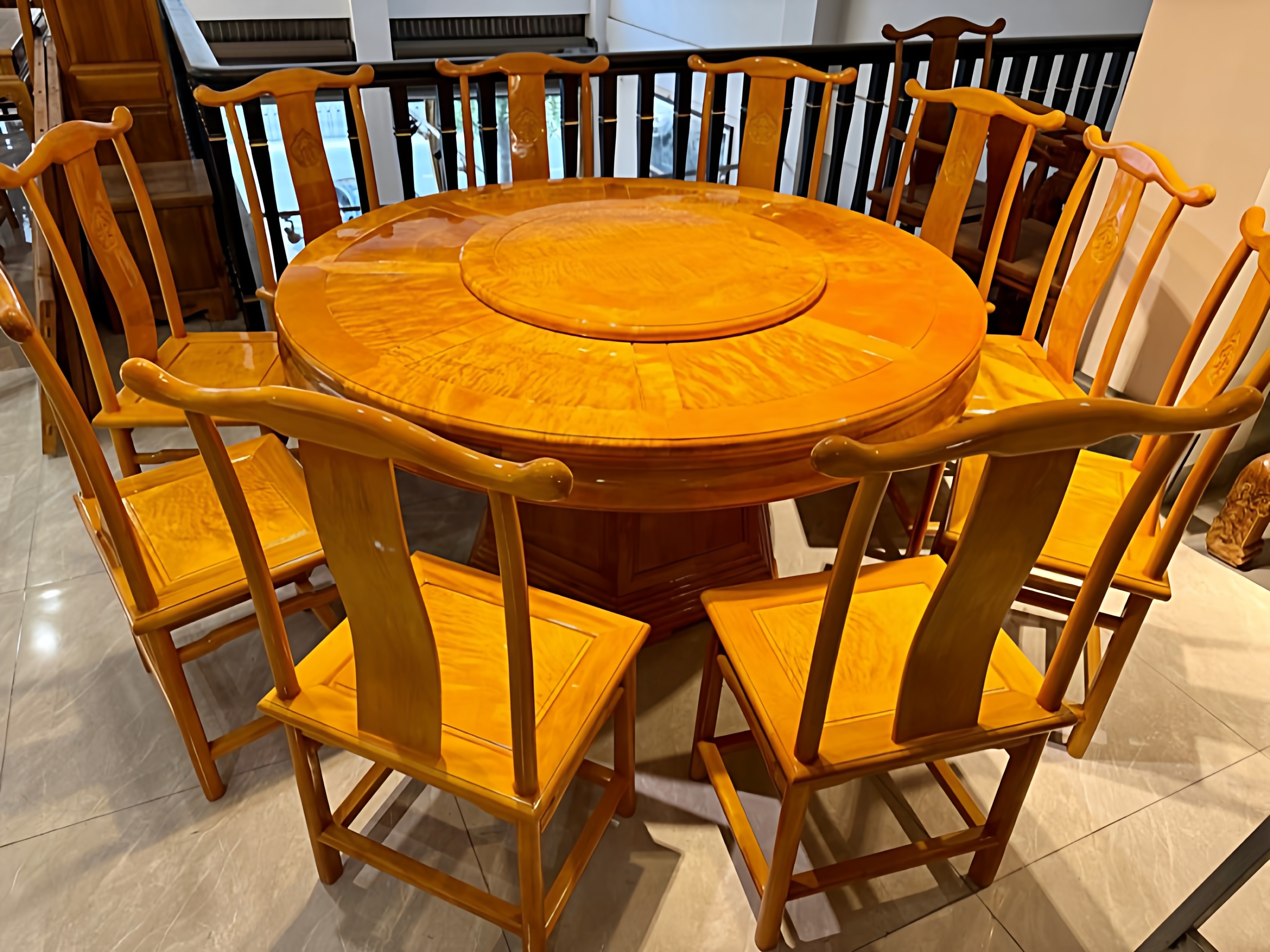 金丝楠新中式圆餐桌椅组合带转盘158-158-80