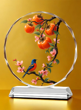 柿子水晶画摆件好事成双家居装饰品客厅新房送礼开业入宅乔迁礼品