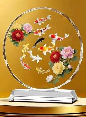 九鱼聚财水晶摆件顺风顺水乔迁开业客厅酒柜桌面高端天官赐福圆形