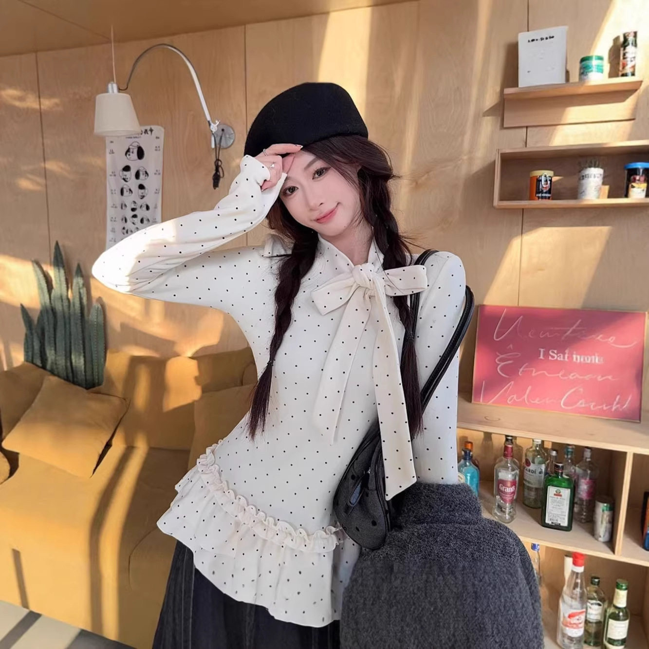 波点绑带花边内搭T恤女秋冬季2026新款设计感韩系修身长袖上衣服