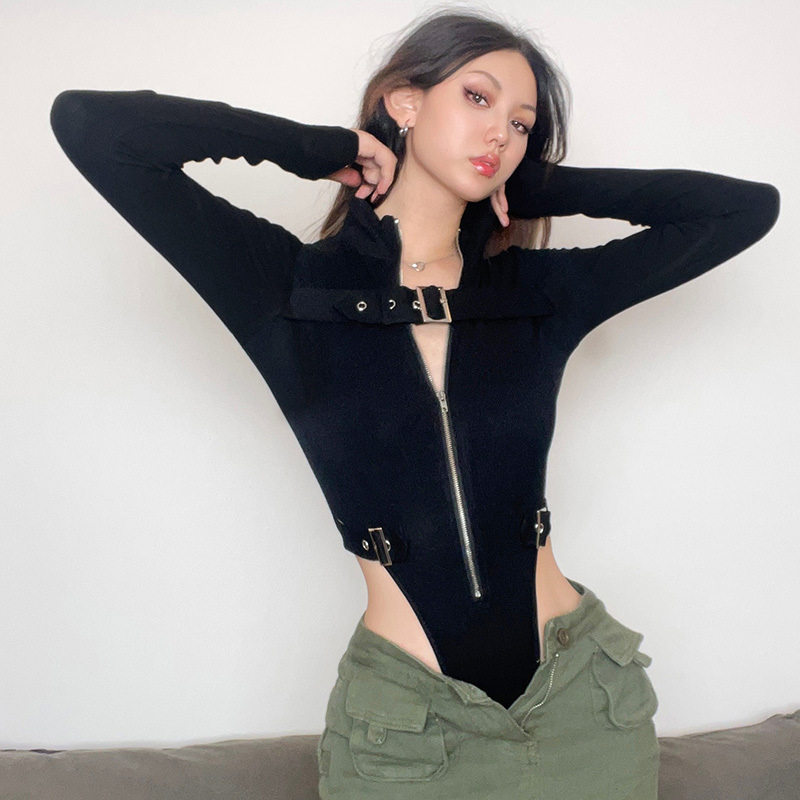 甜酷运动风金属扣拉链连体衣女高腰开叉辣妹立领紧身长袖开衫上衣