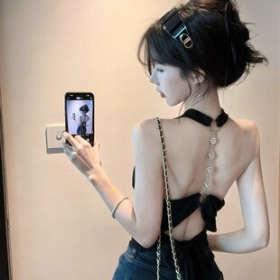带胸垫美背黑色露背吊带背心绑带性感新款设计修身无袖辣妹上衣女