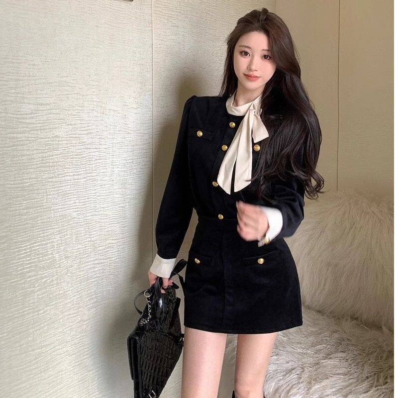 小香风蝴蝶结丝绒外套富家千金套装女秋冬高腰半身裙短裙子两件套