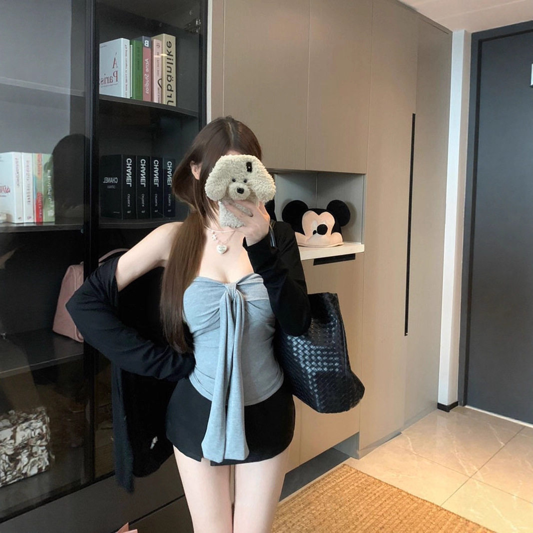 辣妹绑带抹胸背心女装秋季休闲套装纯欲慵懒风长袖开衫上衣两件套