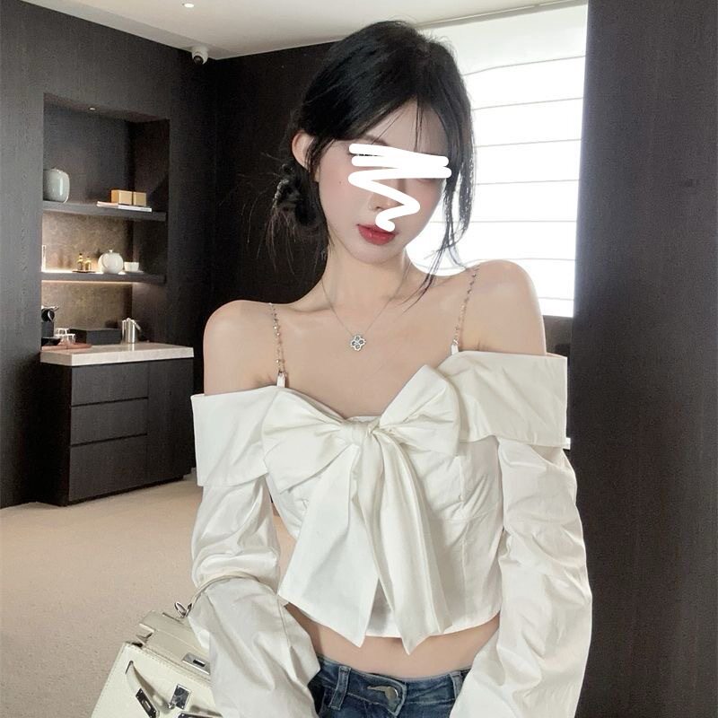 纯欲风辣妹一字蝴蝶结吊带衬衫2026春秋新款性感短款长袖衬衣套头