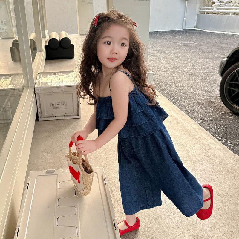 女童牛仔套装夏装2025新款儿童洋气韩版夏季时髦吊带阔腿裤两件套