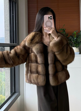 华洋皮草 2025经典款 紫貂皮草外套女冬季保暖立领短款仿貂皮大衣