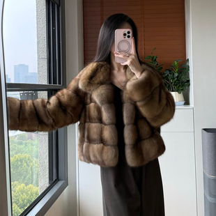 华洋皮草 2025经典款 紫貂皮草外套女冬季保暖立领短款仿貂皮大衣