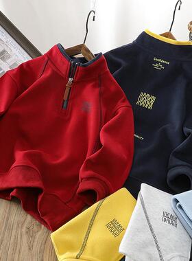 男童卫衣春秋款2026新款半拉链儿童立领上衣中大童红色长袖衫春装