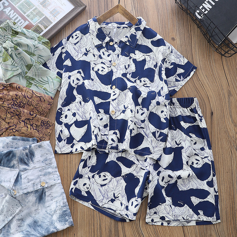 男童棉绸套装夏季2026新款儿童短袖短裤两件套中大童人造棉衣服潮