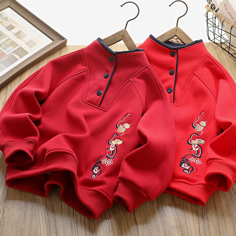 男童红色加绒卫衣2025过年衣服