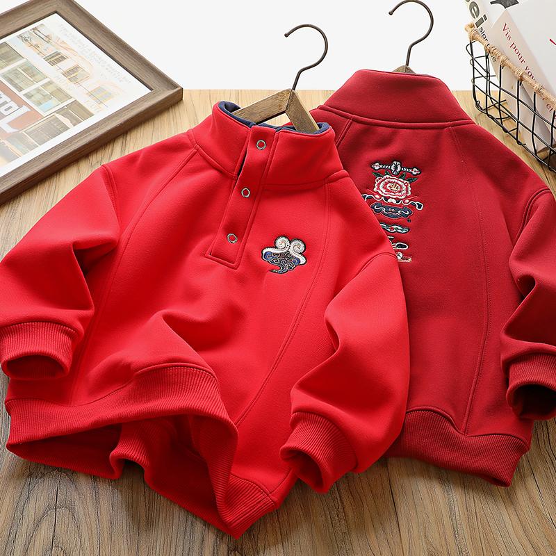 男童红色加绒卫衣冬装新年款