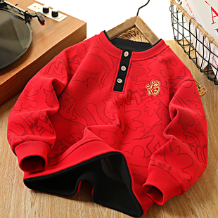 男童红色加绒卫衣2026马年新年款儿童本命年洋气拜年服中大童上衣
