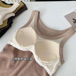 韩社一体杯发热背心女加绒加厚自带胸垫bra毛圈保暖背心内搭打底