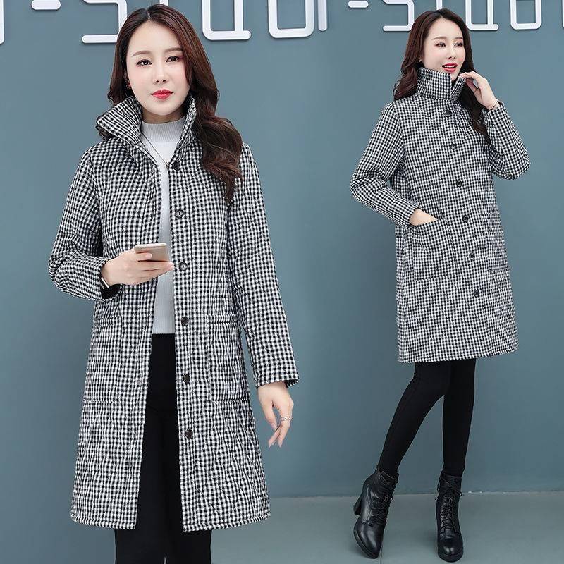妈妈秋冬夹棉外套中长款中老年女装文艺轻薄格子棉袄40岁50风衣女
