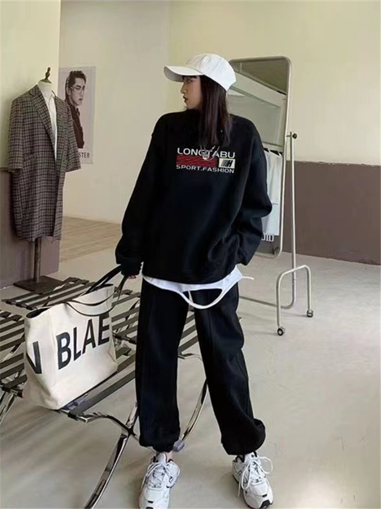 가을 겨울 BF 게으른 느슨한 회색 벨벳 두꺼운 스웨트 셔츠 세련된 투피스 세트 여성을위한 미국의 거리 운동복 정장