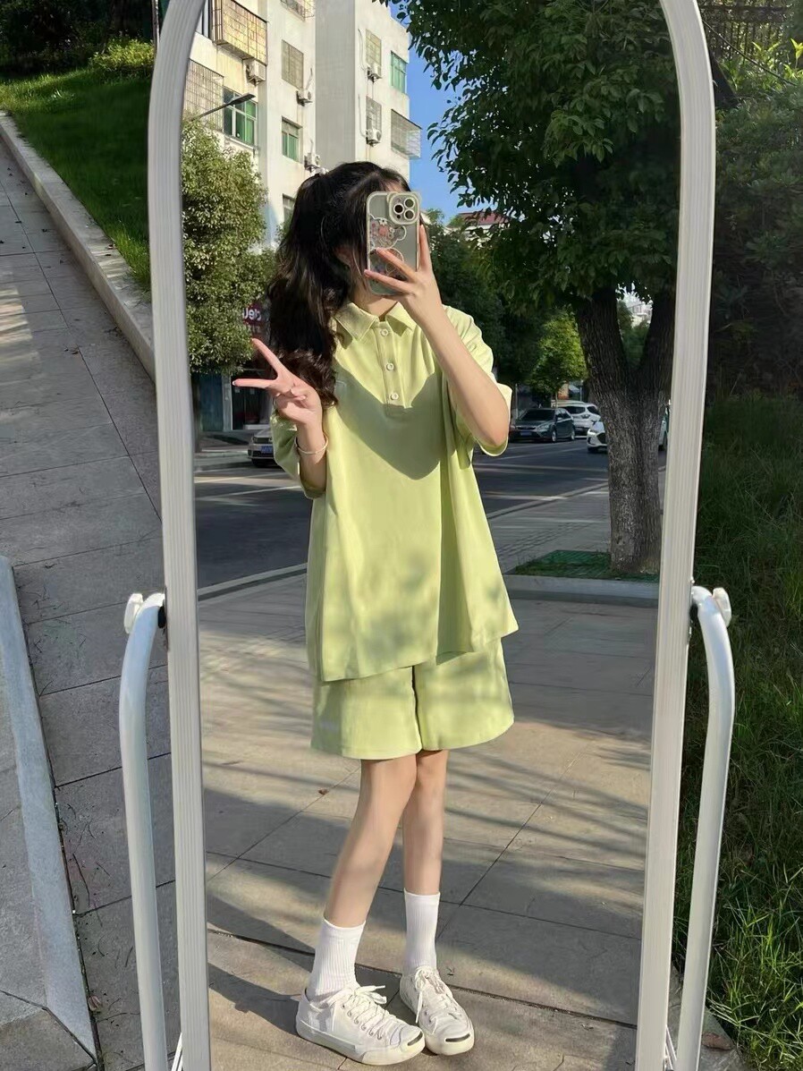 활력 소녀 스포츠 정장 여성 여름 스타일 연령 감소 느슨한 폴로 반팔 패션 반바지 학생을위한 투피스 세트