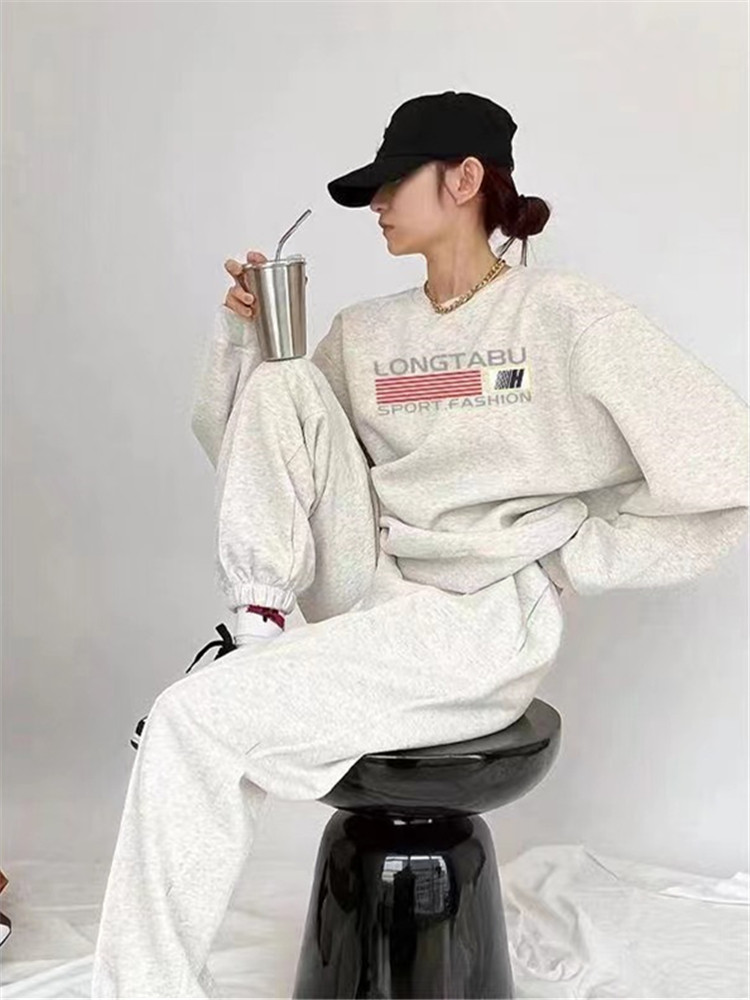 가을 겨울 BF 게으른 느슨한 회색 벨벳 두꺼운 스웨트 셔츠 세련된 투피스 세트 여성을위한 미국의 거리 운동복 정장
