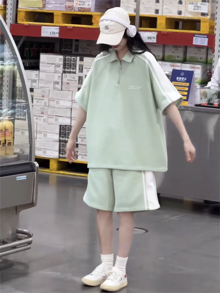 여성을위한 소금 OOTD 운동복 여름 민트 맘보 폴로 칼라 반팔 반바지 패션 투피스 학생 세트