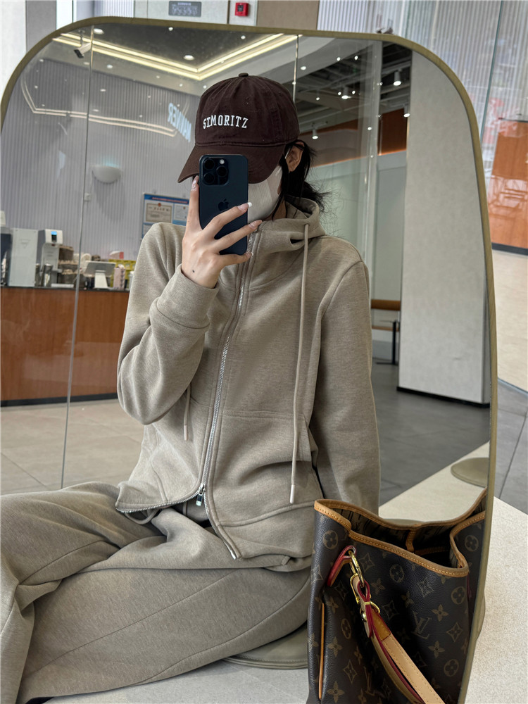 여성용 한국식 운동복 정장 가을 겨울 연령 감소 루즈 벨벳 및 두꺼운 후드 스웨트 셔츠 캐주얼 와이드 팬츠 투피스 세트