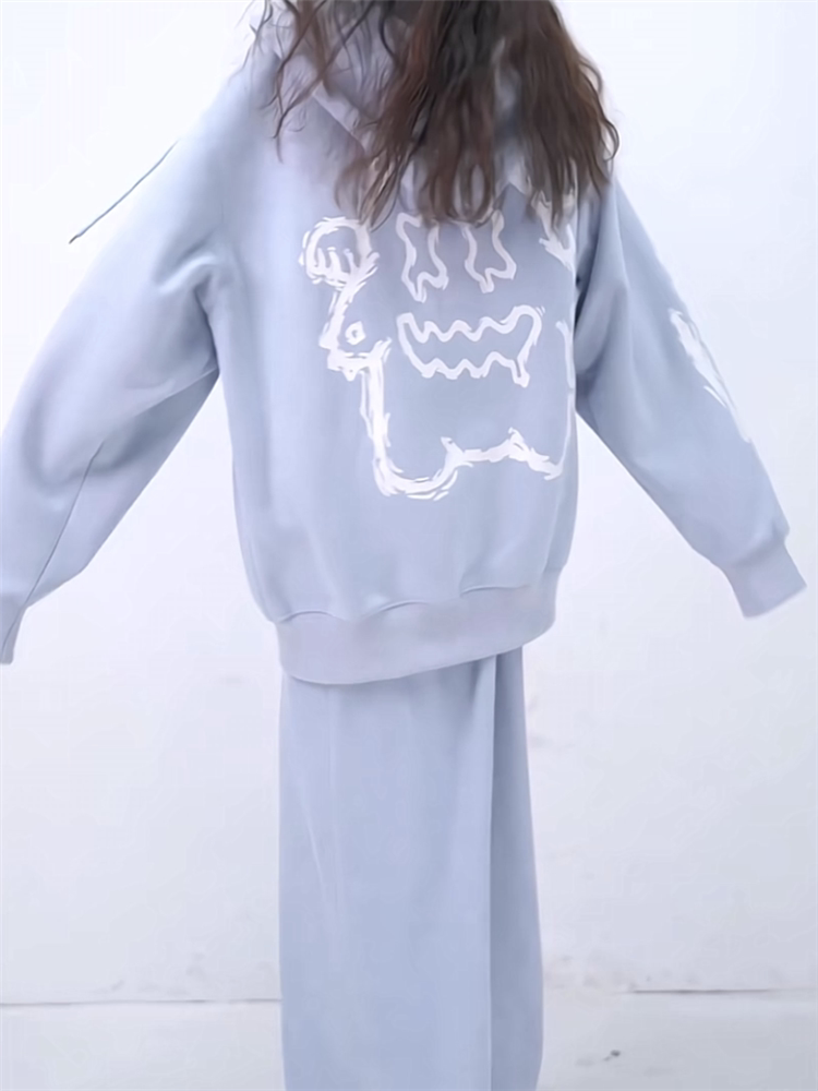 인터넷 연예인 OOTD 운동복 정장 여성 가을 ??학생 소금 느슨한 연령 감소 후드 티셔츠 세련된 투피스 세트