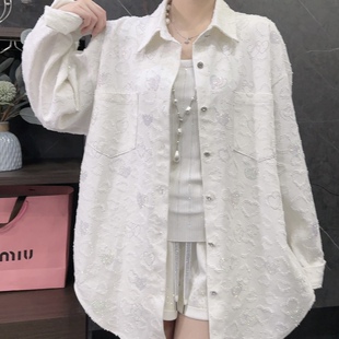 春季重工新款烫钻爱心提花牛仔衬衫外套女宽松休闲时尚长袖上衣潮