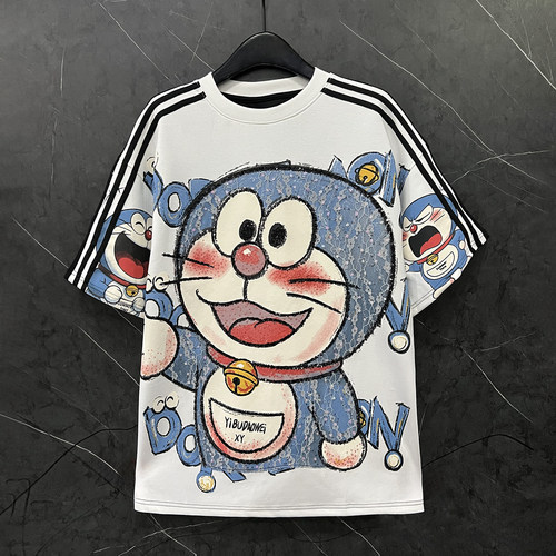 春夏重工新款卡通机器猫短袖T恤女宽松休闲风中长款百搭半袖上衣