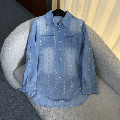 2025秋季重工新款烫钻条纹长袖牛仔衬衫外套女宽松休闲中长款上衣