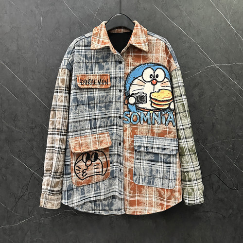 2025秋冬重工新款卡通机器猫加绒拼色衬衫外套女宽松甜美休闲上衣