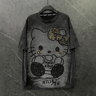 2026春夏新款卡通kt猫假两件长袖T恤女宽松休闲甜美风中长款上衣